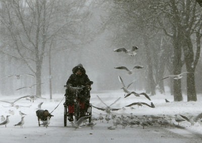 A woman feeds seagulls in a snow covered park in Diessen