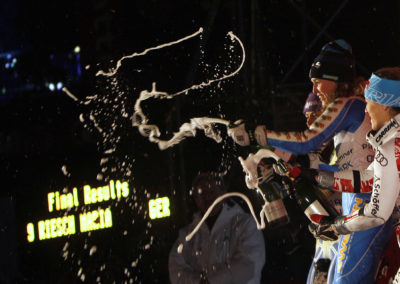 Pietilae-Holmner and Austria's Goergl spray champagne after the women's Alpine Skiing World Cup